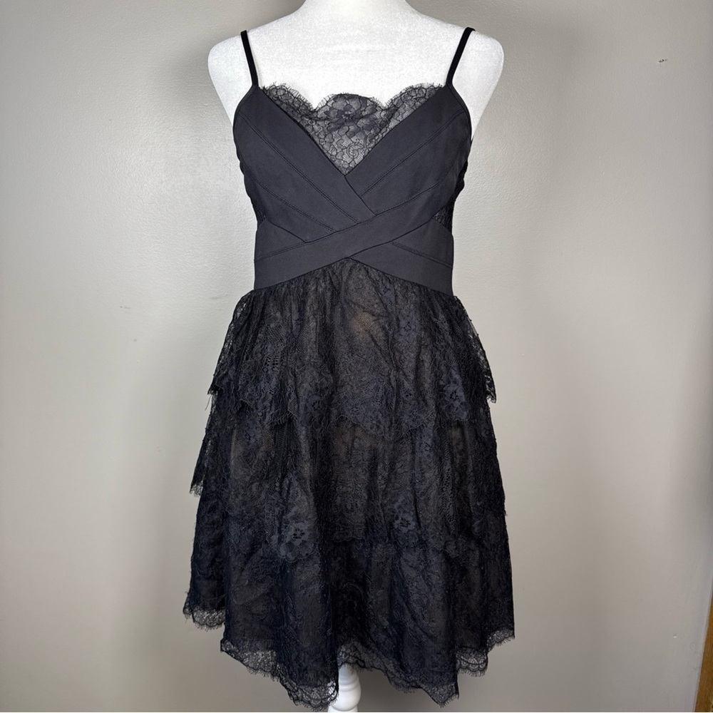 BCBGmaxazria JOSANNA Lace Ponte Bodice Mini Dress Black Size Medium Cocktail - Picture 2 of 15